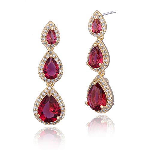 Women's Cubic Zirconia Bridal Earrings - Elegant Long Wedding Party Prom Earring for Bride Bridesmaids Crystal CZ Rhinestone Chandelier Statement Dangle Drop Earrings for Women - color: Red