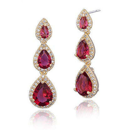 Women's Cubic Zirconia Bridal Earrings - Elegant Long Wedding Party Prom Earring for Bride Bridesmaids Crystal CZ Rhinestone Chandelier Statement Dangle Drop Earrings for Women - color: Red