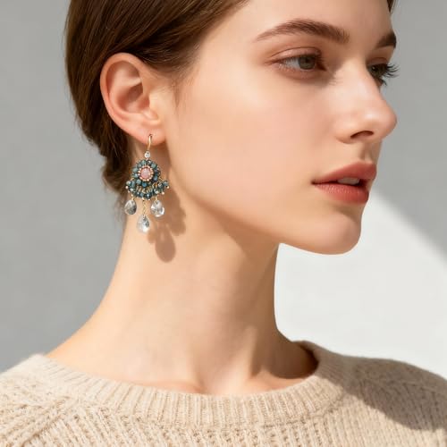 Fringe Dangling Tassel Earrings for Women, Handcrafted Chandelier Long Bohemian Beaded Cubic Zirconia Crystal Imitation Pearls Inlay Statement Boho Chain Hook Earrings for Wedding Party - color: Pink Blue Drop