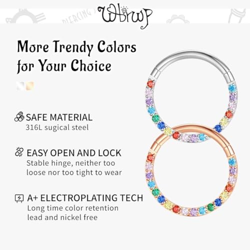 WBRWP 316L Stainless Steel Nose Hoop Rings Clicker with Zircon/Opal 14g-20g | Hypoallergenic Nose Rings Segment Clicker Lip Rings Cartilage Rook Conch Earrings Diameter 5mm-10mm - color: Flat silver ring with colorful zircon-1pc pack