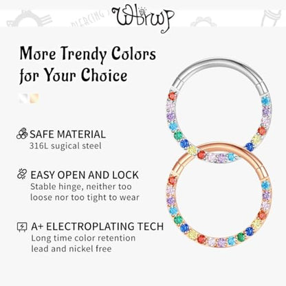 WBRWP 316L Stainless Steel Nose Hoop Rings Clicker with Zircon/Opal 14g-20g | Hypoallergenic Nose Rings Segment Clicker Lip Rings Cartilage Rook Conch Earrings Diameter 5mm-10mm - color: Flat silver ring with colorful zircon-1pc pack