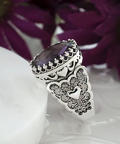 Filigranist 925 Sterling Silver Handcrafted Filigre Art Double Heart Detailed Women Cocktail Ring with Gemstones - color: Amethyst