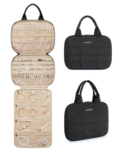 BAGSMART Jewelry Travel Case, Hanging Jewelry Organizer with Zipper Pockets, Large Capacity Puffy Jewelry Roll for Earrings, Necklaces, Rings on Closet, Wall, Door, Portable Travel Essentials, Black - color: Black