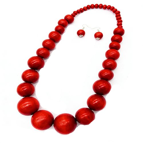 Colorful African Wooden Beaded Choker Neckalce Drop Dangle Earrings Set Chunky Strands Beads Large Bib Collar for Women 60's 70s Wedding Bohemain Jewelry - color: Red