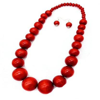 Colorful African Wooden Beaded Choker Neckalce Drop Dangle Earrings Set Chunky Strands Beads Large Bib Collar for Women 60's 70s Wedding Bohemain Jewelry - color: Red