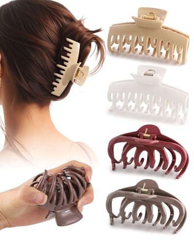 4 Pack Silicone Flexible Hair Claw Clips - Nonslip Large Bendable Soft Claw Clip for Women, Silicone Hair Clips Hair Accessories - color: White+Khaki+Coffee+Dark red