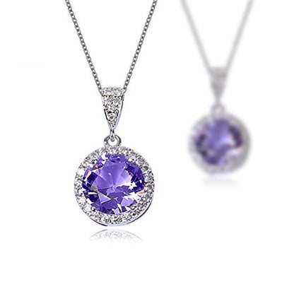 AMYJANE Halo Crystal Jewelry Set - Sterling Silver Round Cubic Zirconia Crystal Bridal Pendant Necklace Earrings Set for Wedding Bride Bridesmaids - color: Amethyst