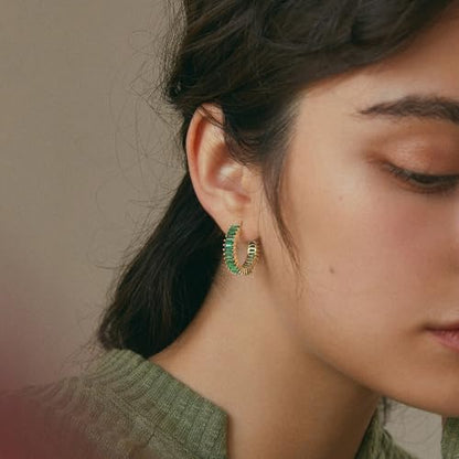Trendy 14K Gold Plated Hoop Earrings for Women, Chunky Gold/Silver Earrings for Women Cubic Zirconia Baguette Hoop Earrings Heart Hoops Lightweight Hypoallergenic Jewelry,25mm/35mm/40mm/50mm - color: 01 Gold Green Hoops 25mm