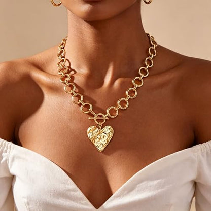 Sora Tuki Gold Chunky Necklace for Women Trendy Big Silver Statement Necklace Large Heart Hollow Square Necklaces Bold Thick Chain OT Toggle Necklaces Boho Chunky Jewelry - color: Style 1 - Gold-Heart