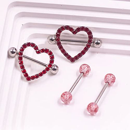 VERAMI 14G Stainless Steel Heart Nipple Rings and Barbell - Butterfly, Starlight Acrylic Ball, Tongue Rings for Women and Men - color: RED-CZ