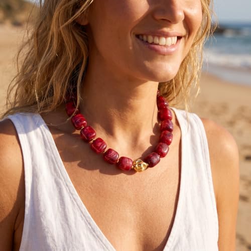 Chunky Beaded Necklace for Women,Square Resin beads boho Choker Necklace with gold-tone spacers,Fashion Trendy Summer Beach Party Necklaces Handmade Surfer Beach Necklaces Jewelry Gifts - color: Burgundy