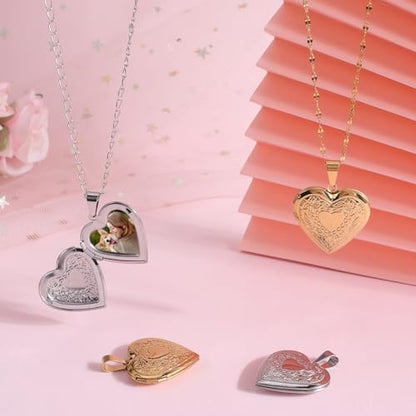 Beebeecraft 1 Box 4Pcs Locket Heart Charms 18K Gold Plated 316 Stainless Steel Ribbon Heart Photo Frame Pendants Charms for Jewelry Making DIY (Gold, Silver)