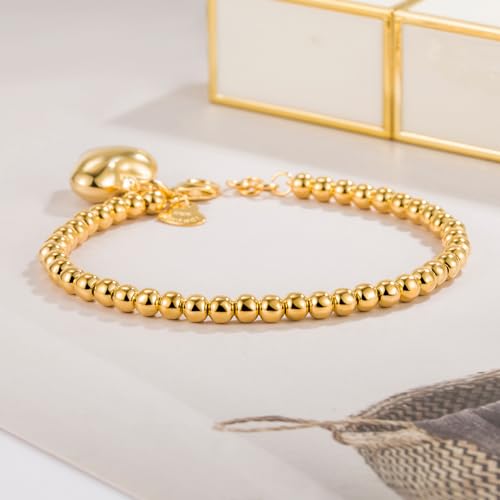 H&Beautimer 925 Sterling Silver 4-10MM Ball Chain Bracelet For Women's - Italian Handmade Bead Chain Bracelet 5''5.7''6.3''6.7''7.5''8''8.3''8.5''9 Inch Rose Gold Party Jewelry - color: 4MM Gold-Heart Pendant, size: 6.7 inches