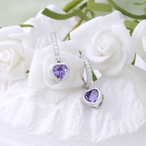 Heart Hoop Earrings with Dangle Sterling Silver Love Heart-Shaped Loop Earrings for Women Hypoallergenic Sparkle Birthstone Cubic Zirconia Hoop Earring with Dangling Charms Dainty Fashion Jewelry Gift - color: Purple
