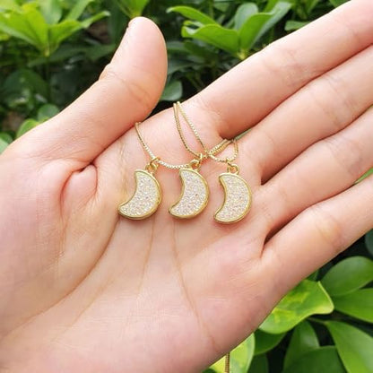 Adabele Natural Druzy Necklace Small Tiny Moon Gemstone Pendant 18 inch Sparkly Agate Stone Crystal Women Jewelry Tarnish Resistant Stainless Steel/Gold Plated Chain - color: Crystal AB druzy - gold plated