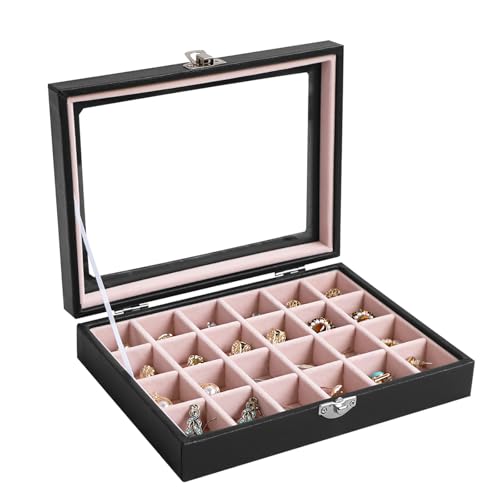Wudygirl 24 Grid Earring Organizer Small Jewelry Box with Lid BlackPink | Ring Box with Adjustable Dividers, Velvet Lining, Ideal for Rings, Earrings, Jewelry Display, Gift Giving - style: Black Pink 24 Grid