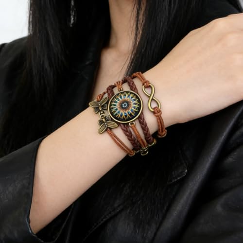 Adjustable Yoga Mandala Bracelet – Women’s Handmade Boho Braided Faux Leather Jewelry with Butterfly Charm