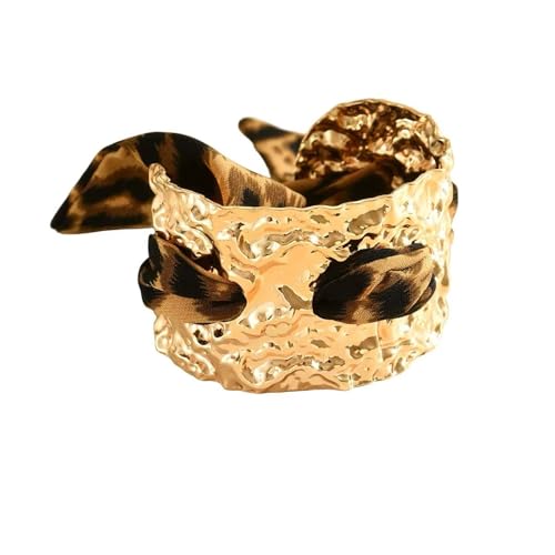 Chunky Gold Hammered Bracelets for Women, Leopard Print Scarf Big Golden Stainless Steel Cuff Bangle Silk Styling Charm Stackable Statement Jewelry Gifts - color: Large size -4.5cm