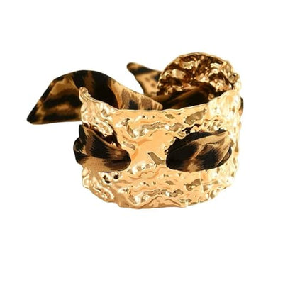Chunky Gold Hammered Bracelets for Women, Leopard Print Scarf Big Golden Stainless Steel Cuff Bangle Silk Styling Charm Stackable Statement Jewelry Gifts - color: Large size -4.5cm
