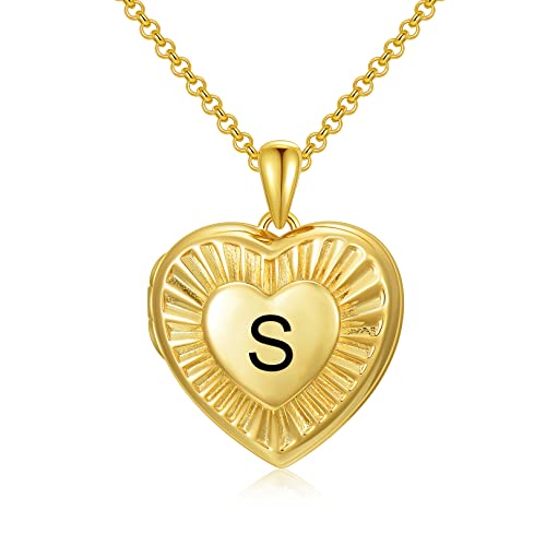 SOULMEET 10K 14K 18K Solid Yellow Gold/Plated Gold Locket Radiation Initial Heart Locket Necklace that Holds Pictures Personalized Photo Locket Necklace Alphabet A-Z - style: S-locket only