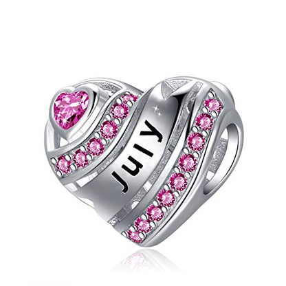 COMORE Birthstone Heart Charms for Charms Bracelet-925 Sterling Silver Love Heart Bead Charms for Bracelets and Necklaces, Birthday Gifts for Women. - style: July