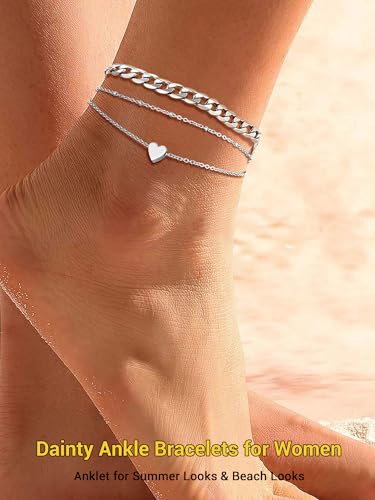PROSTEEL Trendy Handcuffs Design/Customize Words Ankle Bracelet For Women, 316L Stainless Steel Anklets Silver/Gold/Black Tone, Hypoallergenic, Come with Box - style: 05.2 Layered-Cuban&Heart-Silver