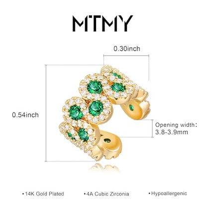Gold Ear Cuff Earring for Women 14K Gold Plated Cubic Zirconia Non-Pierced Clip on Cartilage Chunky Ear Cuffs Hypoallergenic Jewelry - style: green cz