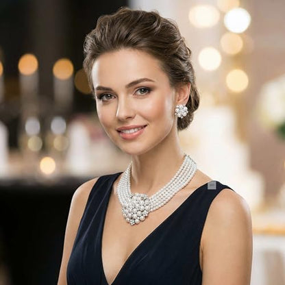 Fashion 21 5 Rows Rhinestone Accented Simulated Floral Pearl Cluster Necklace, Clip on Earring 2 Set - color: White