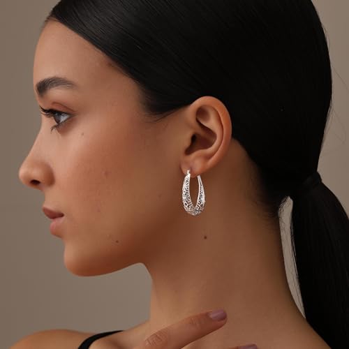 LeCalla 925 Sterling Silver Hoop Earrings | Women's Filigree Hoop Earrings | Openwork Mesh Filigree Cut Earring | Lightweight & Hypoallergenic Vintage Hoop Earrings for Women - style: Mesh Oval Filigree