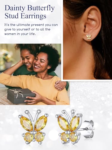 Suplight Butterfly Stud Earrings 925 Sterling Silver 14K Gold Brithstone Earrings for Women Brithstone Jewelry Gifts - color: 11.November ( Citrine), size: Silver