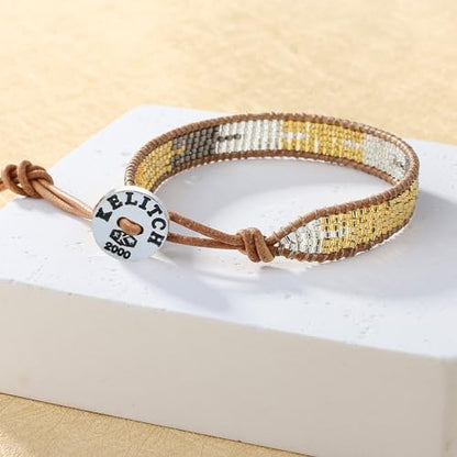 KELITCH Women Pearls Friendship Bracelets Handmade Blue Seed Bead Leather Wrap Bracelet Fashion Jewelry - color: C