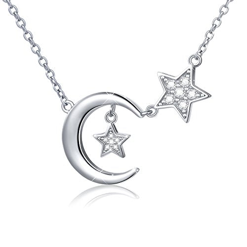 Ladytree 925 Sterling Silver Jewelry Crescent Moon and Star Pendant Necklace - style: Two Stars