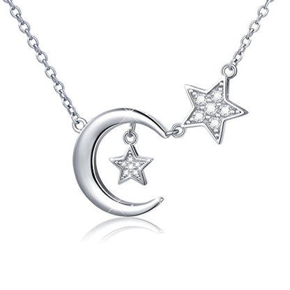 Ladytree 925 Sterling Silver Jewelry Crescent Moon and Star Pendant Necklace - style: Two Stars