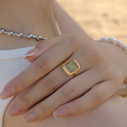 Hebelee Handmade Dried Flower Statement Ring for Women | Gold-Toned Stainless Steel,Adjustable,Pressed Blossom Forget-Me-Not Flowers Open Band Rings,Wedding Holiday Jewelry - color: Square Green Leaf