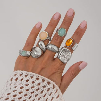Chunky Rings for Women Stackable Vintage Adjustable Rings for Women Gold Statement Stone Ring Set Non Tarnish Vintage Jewelry - style: Silver