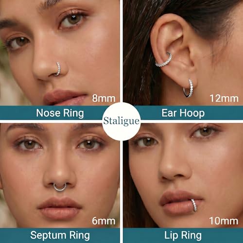 Staligue Nose Hoop ring - 316L Surgical Steel Nose Ring 16/18/20G Hinged Diamond Nose Ring Hoop Septum Clicker Rings Cartilage Earring Helix Rook Tragus Daith Piercing Jewelry for Women 6MM/8MM/10MM/12MM - color: Silver, size: 16G-12MM