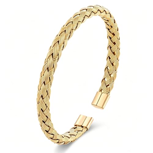 Stainless Steel Braided Cable Cuff Bangle Bracelet, Adjustable, Mens Womens, Minimalist - color: Gold