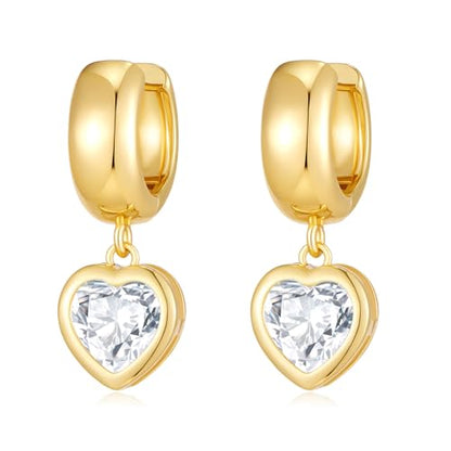 Gold Huggie Earrings for Women Chunky Hoop with Heart Crystal Dangle 14K Gold Plated Statement Drop Earrings Trendy Jewelry for Her