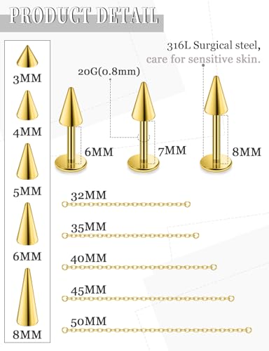 20G 18G 16G Flat Back Earrings Nose Rings Studs Chain Piercing Surgical Steel Spike Lip Nose Rings Stud Snake Bite Tragus Helix Conch Cartilage Earrings Piercing Jewelry For Women Men - color: Gold, size: 20 Gauge