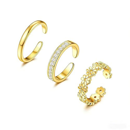 3Pcs Gold Toe Rings for Women,Trendy CZ Flower Toe Rings Silver Open Adjustable Band Ring Summer Foot Jewelry Accessories - color: flower