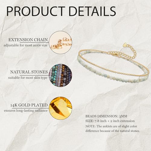 Ankle Bracelet for Women, Dainty 18k Gold Natural Stone Beaded Anklet Adjustable Double Ankle Chain Waterproof Summer Boho Foot Jewelry Birthday Anniversary Graduation Gifts - color: Amazonite