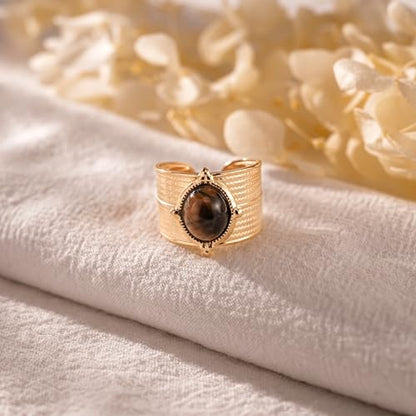 Western Captivating Tiger's Eye Stone Ring,Solitaire 8 * 10mm Oval Cut Gemstone 18K Gold Plated Stack 13mm Wide Ribbed Texture Band Statement Ring for Women - style: Tiger's Eye A