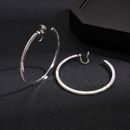 Gold Clip On Hoop Earrings for Women Large Rhinestone Statement Hoops Non Pierced Earrings Wedding Bridesmaid Party Jewelry - color: A2:silver earrings（4cm）