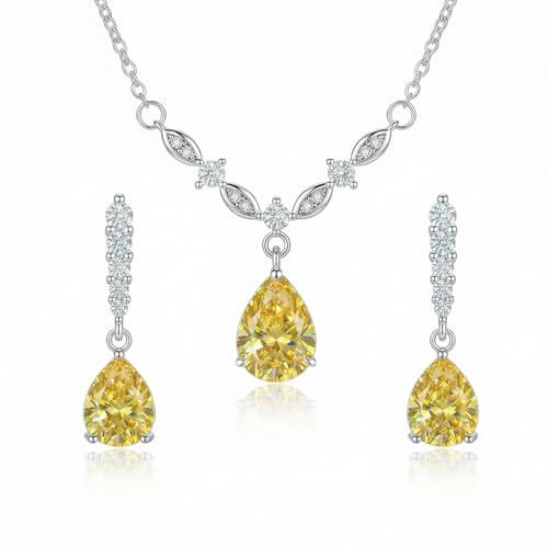 Platinum Plated Cubic Zirconia Teardrop Pendant Necklace Dangle Earrings Set, Silver Jewelry Set for Women,Wedding Jewelry Set for Bride,Bridesmaid Jewelry Gift, Gift for Valentine's Day, Birthday - color: Yellow