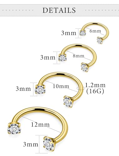 Horseshoe Nose Ring Surgical Steel Double Stud Nose Ring 16g Lip Rings Cubic Zirconia Daith Piercing Jewelry for Women Inner Diameter 6/8/10/12mm - color: 16g,inner DIA.6/8/10/12mm,goldtone