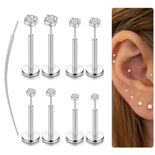 LOLIAS 14K Gold Plated Threadless Nose Studs, Nose Rings for Women 20G 18G | Hypoallergenic 316L Surgical Steel Labret Studs, Push In Flat Back Earrings, CZ Nose Nostril Tragus Helix Piercing Jewelry - color: Silver Tone, size: 16G-2/2.5/3/4mm CZ