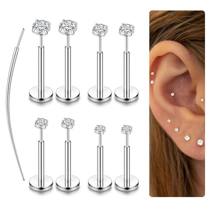 LOLIAS 14K Gold Plated Threadless Nose Studs, Nose Rings for Women 20G 18G | Hypoallergenic 316L Surgical Steel Labret Studs, Push In Flat Back Earrings, CZ Nose Nostril Tragus Helix Piercing Jewelry - color: Silver Tone, size: 16G-2/2.5/3/4mm CZ