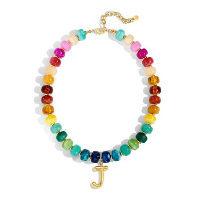 Chunky Beaded Bubble Initial Pendant Necklace Jewelry for Women | Big Large Bead Choker Letter Necklace Summer Beach Beachy Womens Statement Charm Gifts - color: Colorful J