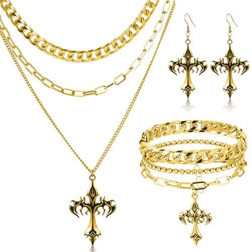 Tondiamo 3 Pcs Gothic Jewelry Set Cross Necklace for Women Goth Earrings Bracelet Layered Y2k Choker Costume Accessory - color: Golden, style: Cross