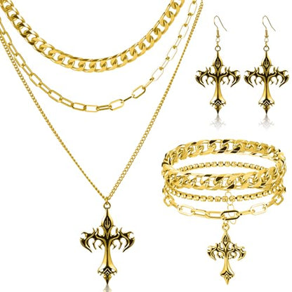 Tondiamo 3 Pcs Gothic Jewelry Set Cross Necklace for Women Goth Earrings Bracelet Layered Y2k Choker Costume Accessory - color: Golden, style: Cross